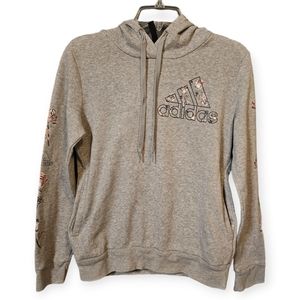Adidas Hooded Pullover Sweatshirt with Flowers on Sleeves and Logo